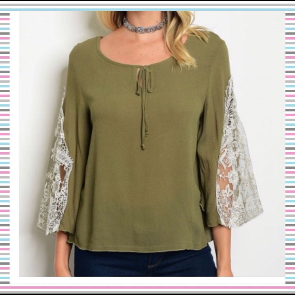 OLIVE GREEN TOP WITH WHITE FLORAL LACE SLEEVES